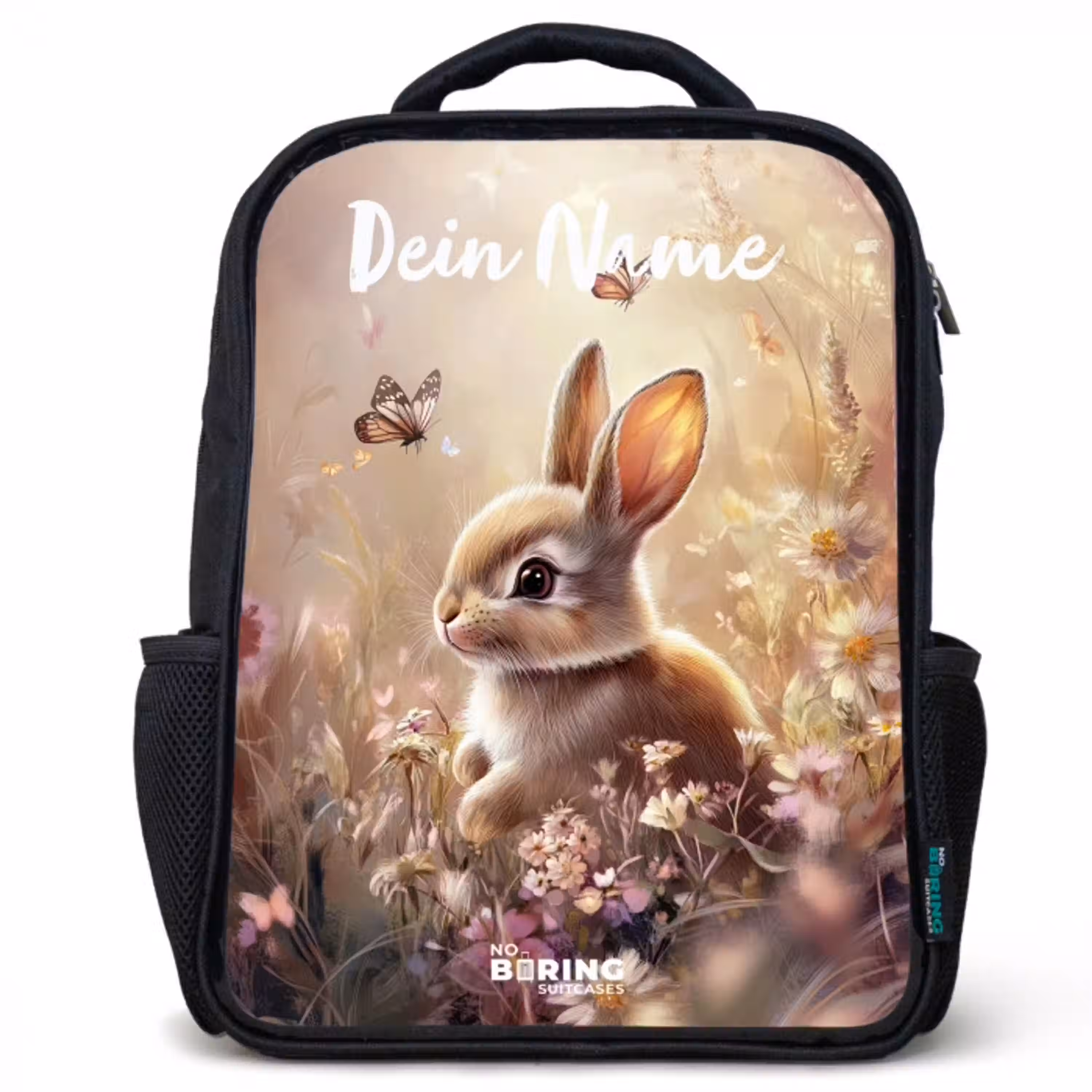 Konijntje - Bruin - Bloemen - Vlinders Rugzak - Zwart middel -3d