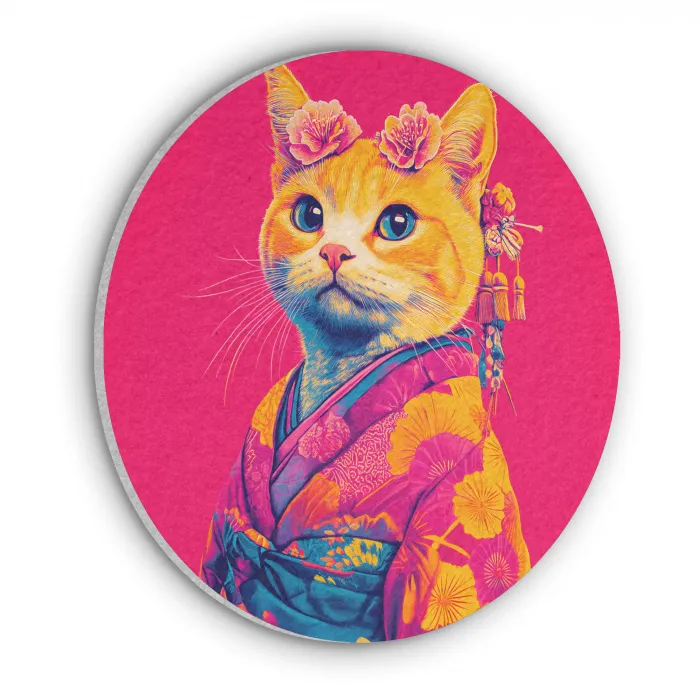 Kat - Kimono - Bloemen - Roze Akoestische PET Vilt - Rond klein -3d