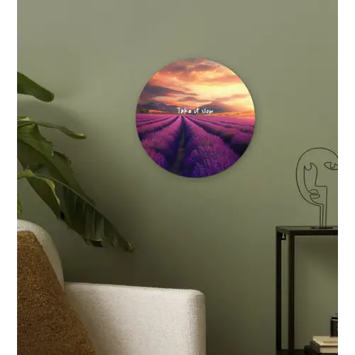 Lavendelveld - Quote - Zonsondergang Wandcirkel plexiglas klein -sfeer3