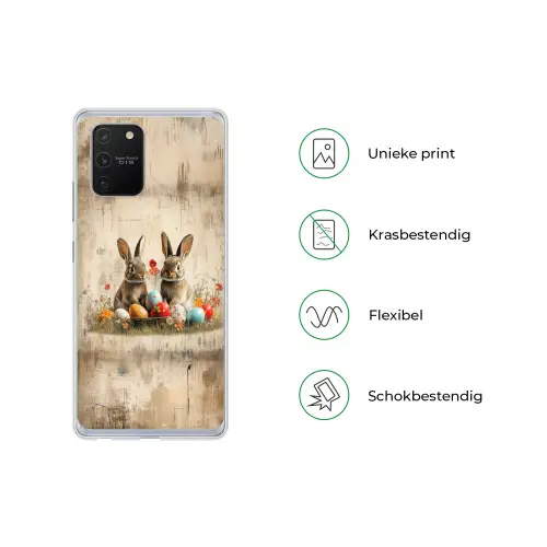 Konijnen - Bloemen - Eieren Telefoonhoesje Samsung Galaxy S10 Lite klein -specsS10Lite