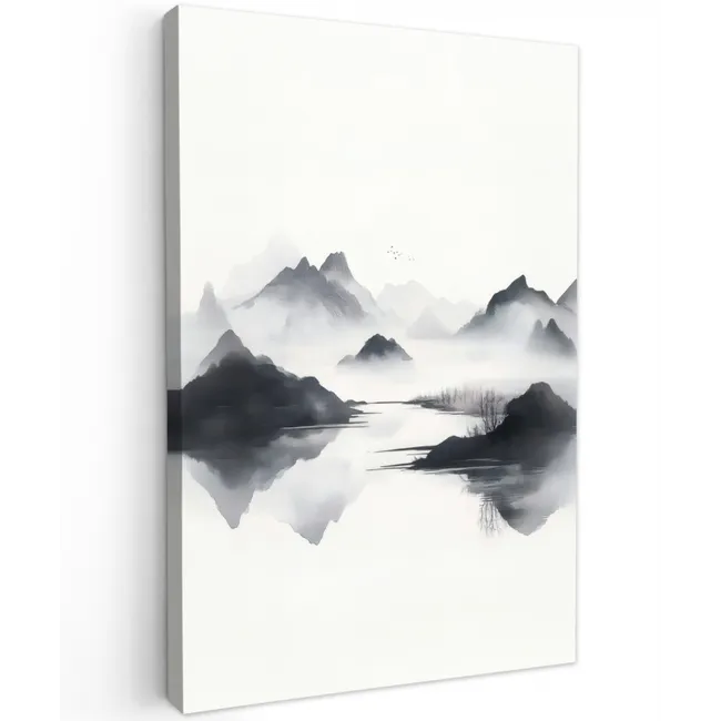 Bergen - Mistig - Water - Wit Tuinposter op houten frame 2 cm dik klein -3d