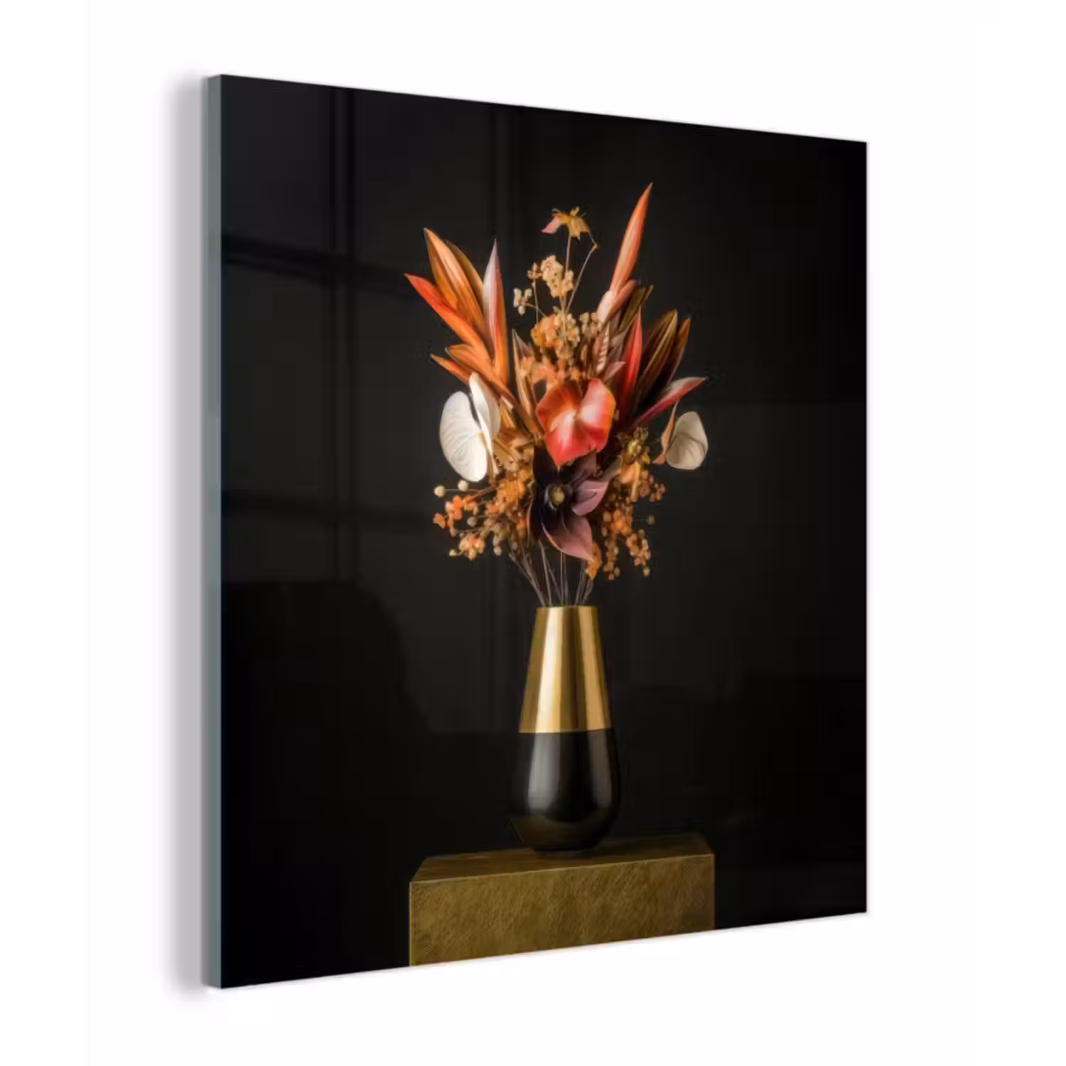 Glas schilderij - Exotisch - Boeket - Vaas - Goud