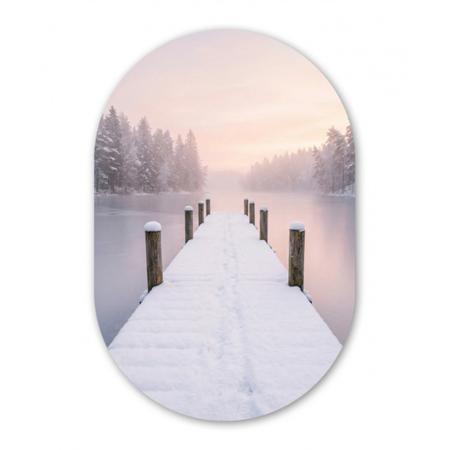 Steiger - Meer - Mist - Winter - Serene Wandcirkel Ovaal Aluminium middel -3d