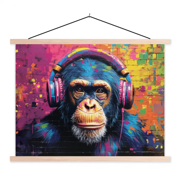 Graffiti - Chimpanzee - Street art - Koptelefoon - Aap textielposter latten blank klein -3d