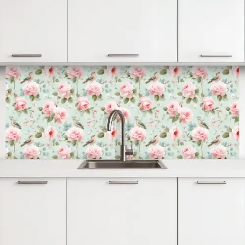 Rozen - Vogels - Pastel - Kleurrijk keuken achterwand 2 middel 871 -3d