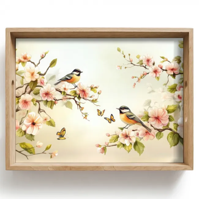 Dienblad - Takken - Bloemen - Vogeltjes - Roze