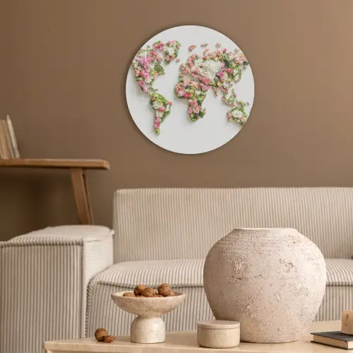 Wereldkaart - Bloemen - Subtiel Akoestische PET Vilt - Rond klein -sfeer1