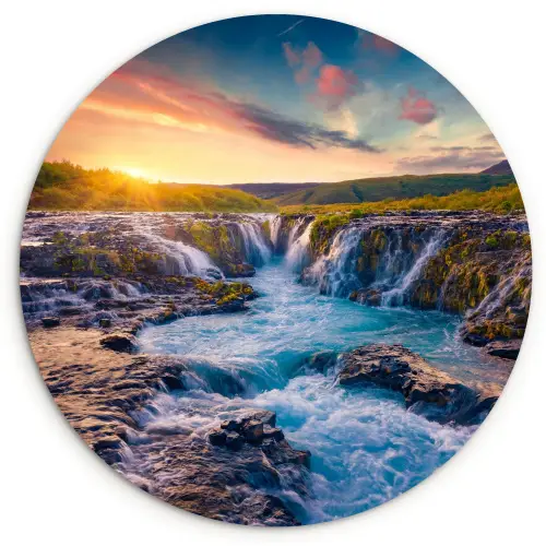 Waterval - Planten - Mos - Landschap - Zonsondergang - Rots Wandcirkel kunststof plaat 5mm dik klein -3d