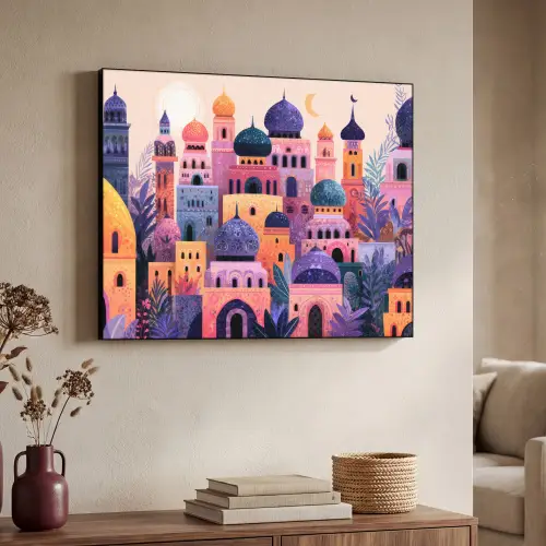 Kleurrijke stad - Zon - Islamitisch Textielframe zwart klein -sfeer3