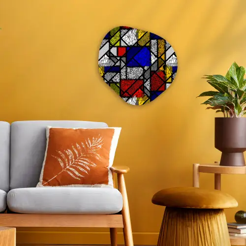 Mondriaan - Glas in lood - Oude Meesters - Kunstwerk - Abstract - Schilderij Wandcirkel Organisch Forex 3mm klein -sfeer4