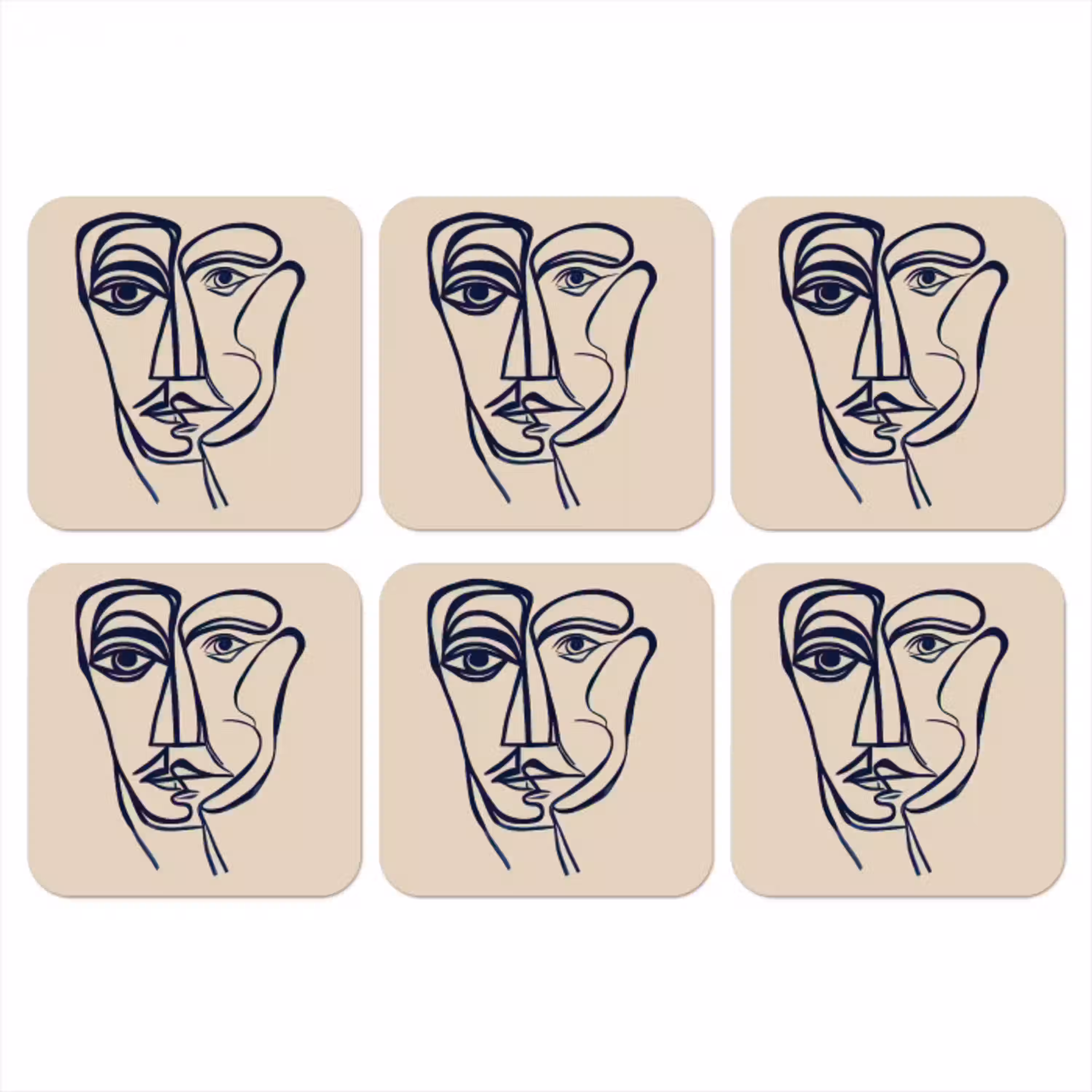 Minimalistisch - Lijnillustratie - Beige - Donkerblauw onderzetter kurk middel -3d