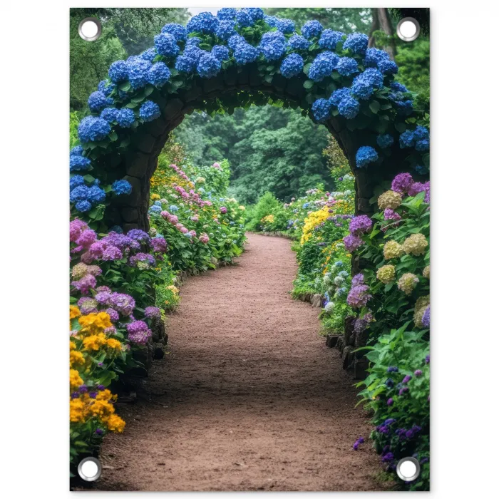 Doorkijk - Bloemen - Hortensia - Pad tuinposter los doek klein -3d