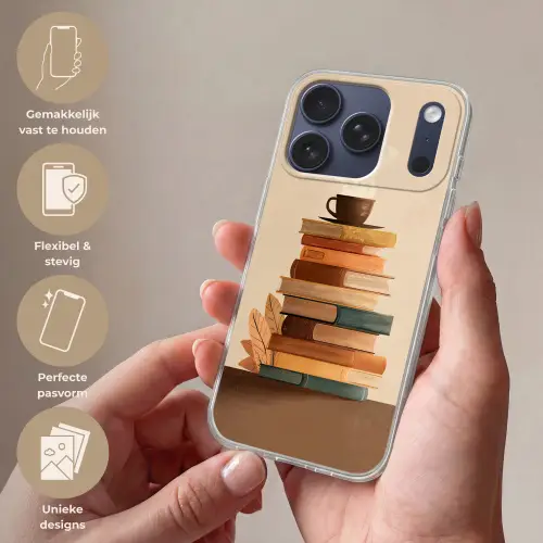 Boeken - Toren - Koffie - Beige Telefoonhoesje iPhone 17 Pro klein -sfeer3_NL