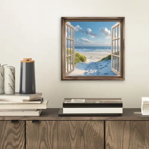 Doorkijk - Strand - Raam - Duinen - Zee aluminium wit klein -sfeer1