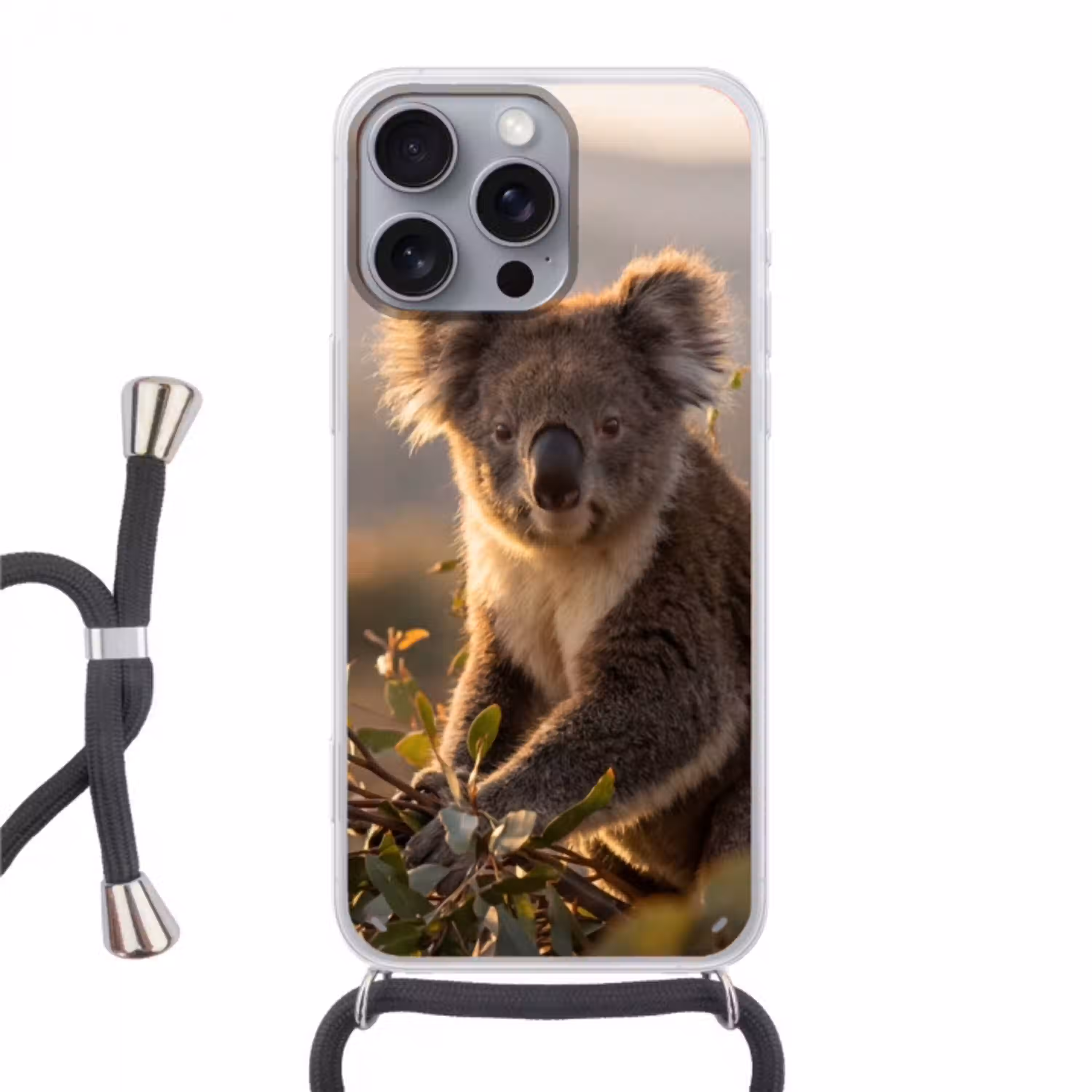 Koala - Bladeren - Ochtendlicht Hoesje iPhone 16 Pro Max met koord klein -3d