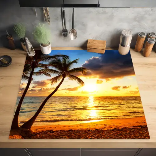 Strand - Horizon - Zonsondergang - Palmboom - Zee Inductie beschermer vinyl 3mm middel -sfeer5