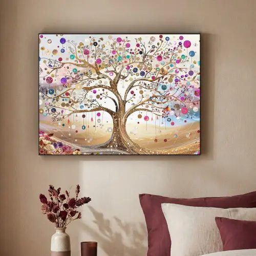 Levensboom - Goud - Kleurrijk - Abstract - Aesthetic Textielframe zwart klein -sfeer1