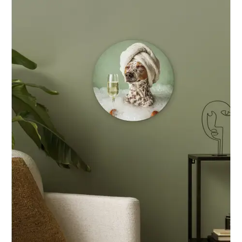 Hond - Bad - Champagne - Handdoek Wandcirkel kunststof plaat 5mm dik klein -sfeer3