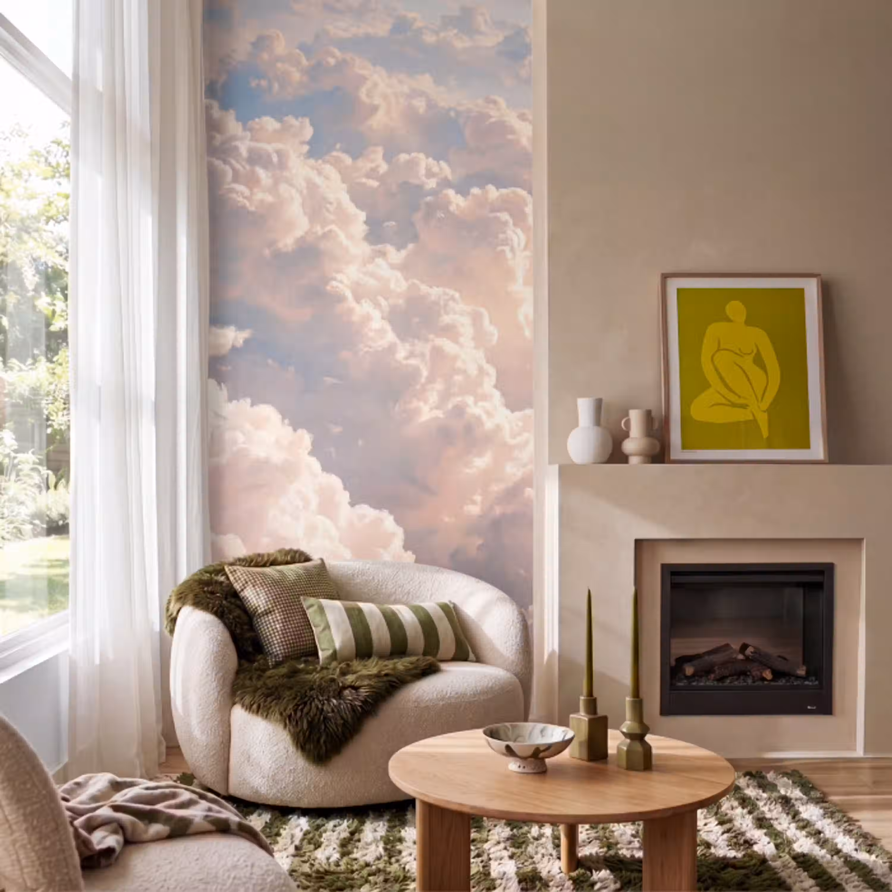 Wolken - Zonsondergang - Natuur - Pastel - Roze Behang Vlies klein -sfeer2