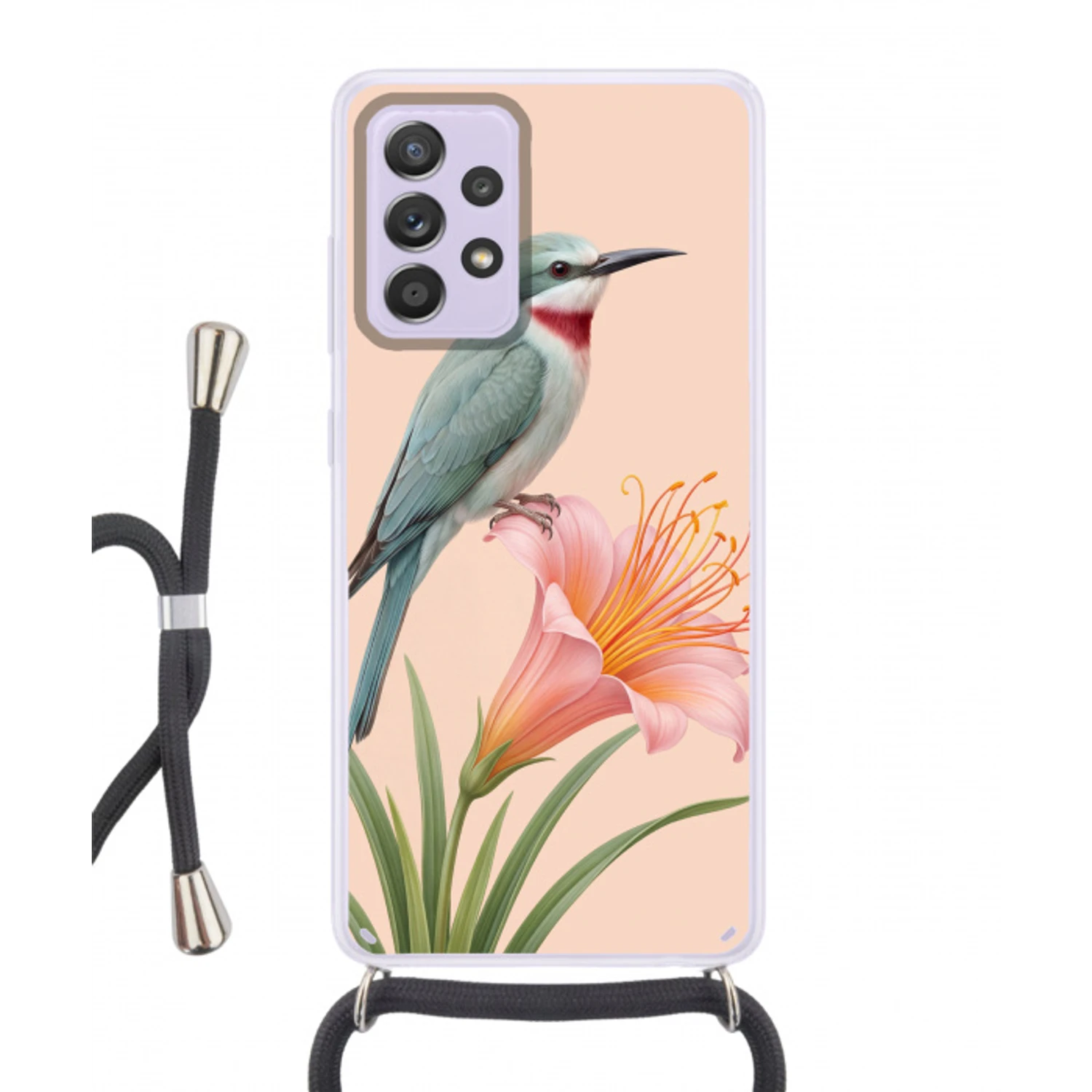 Vogel - Bloem - Natuur - Roze Hoesje Samsung Galaxy A52 5G met koord klein -3d