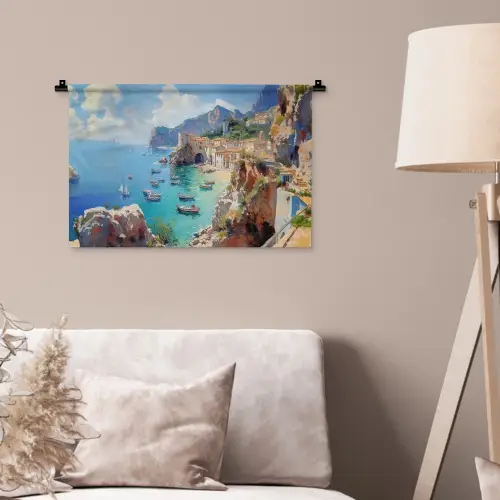 Kustdorp - Schilderij - Rotsen - Boten Wandkleed katoen klein -sfeer4