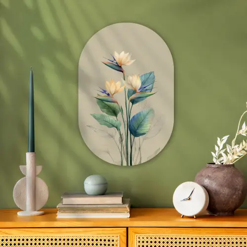Paradijsvogelbloemen - Blauwgroene bladeren - Beige Wandcirkel Ovaal Forex klein -sfeer2