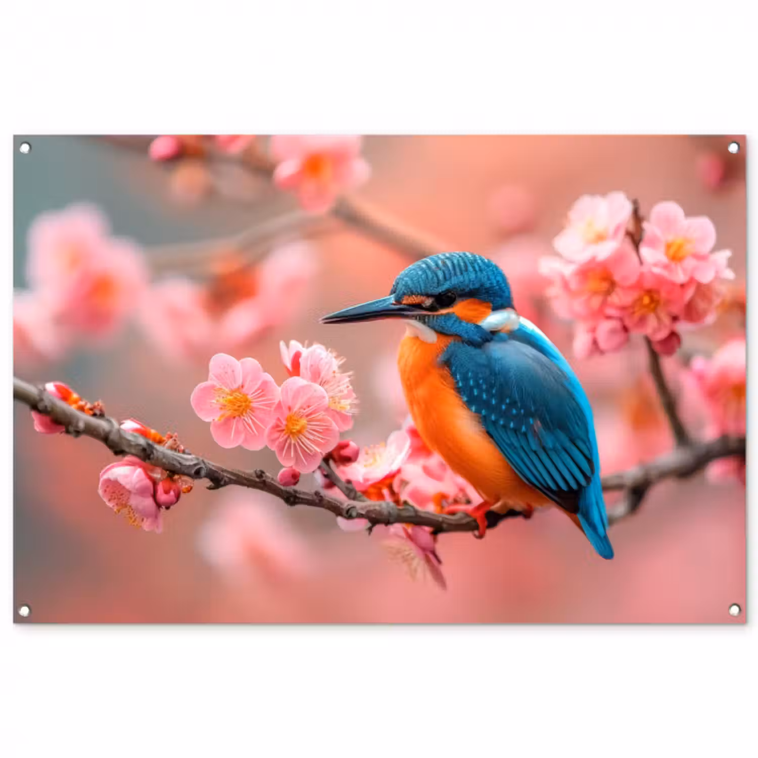 Tuinposter - IJsvogel tussen Kersenbloesems