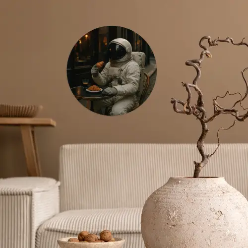 Café - Croissant - Koffie - Astronaut Wandcirkel behangsticker klein -sfeer1