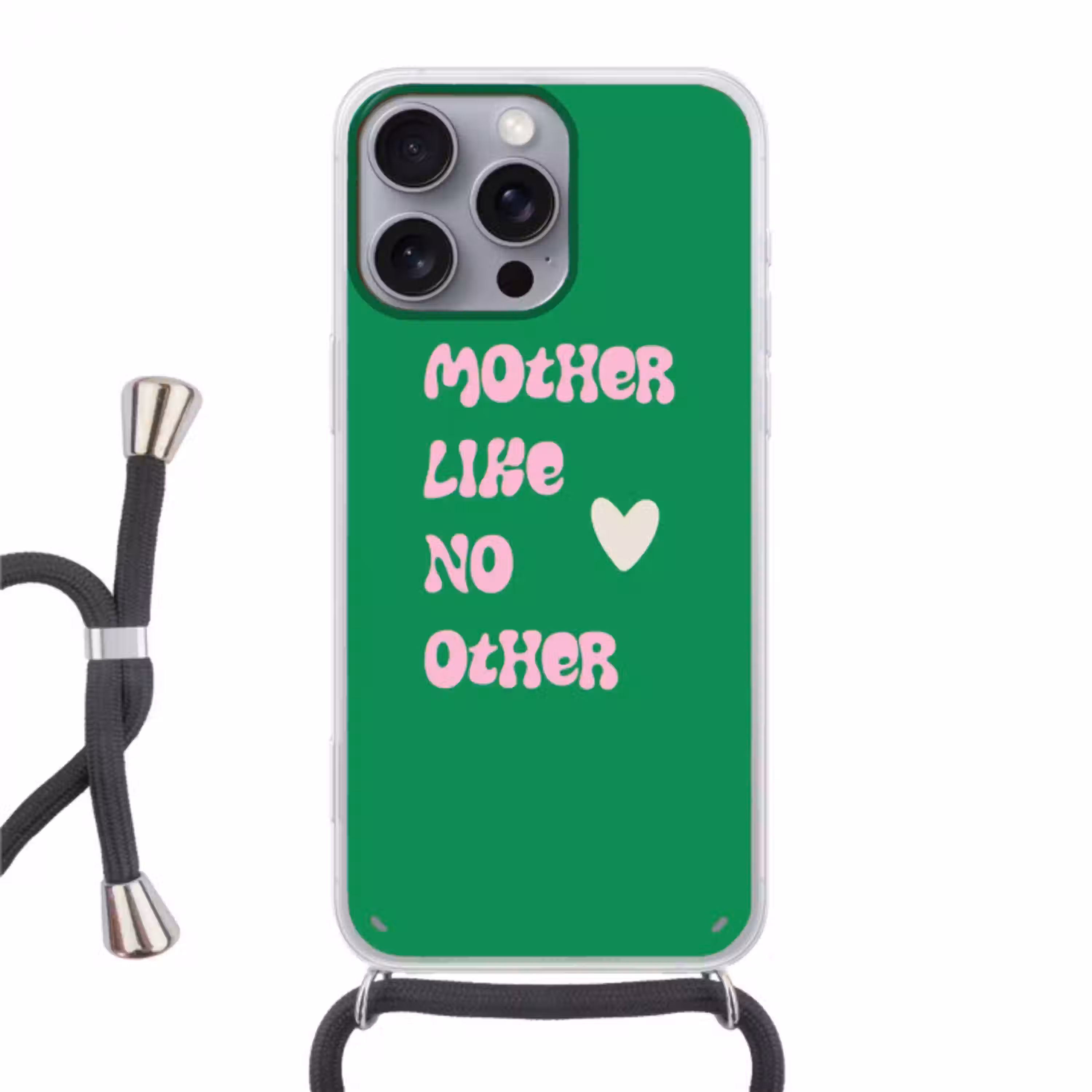 Tekst - Hartje - Moeder - Groen Hoesje iPhone 16 Pro Max met koord klein -3d