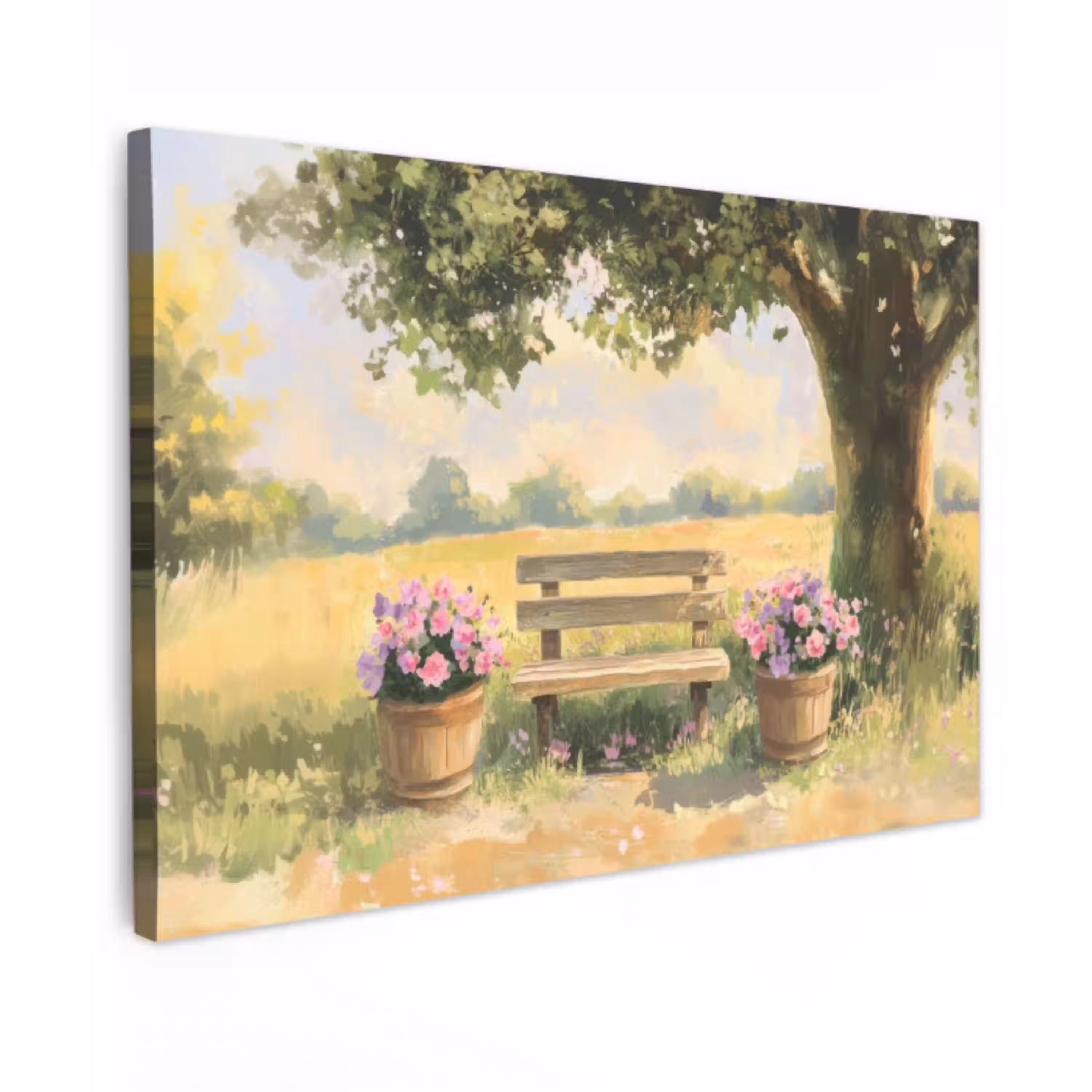 Houten bankje - Bloempotten - Landschap Tuinposter op houten frame 2 cm dik klein -3d