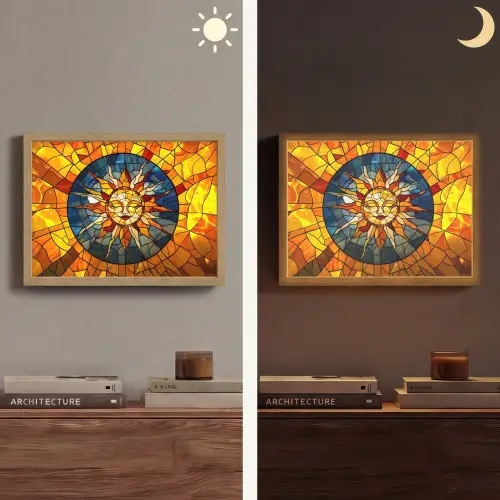 Mozaïek - Zon - Geel - Cirkel Light Box met batterij (Wandlamp) middel -sfeer3