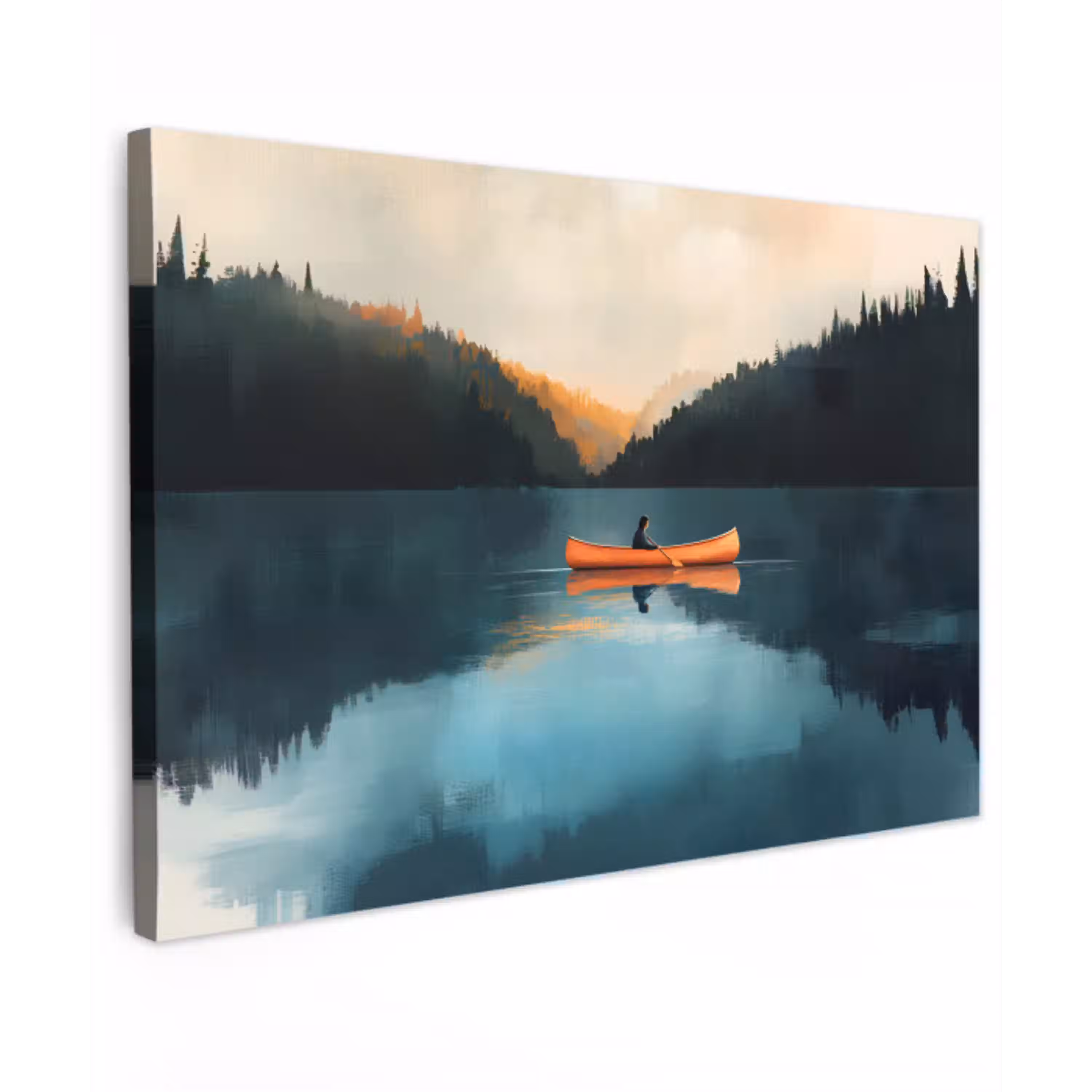 Bossen - Meer - Kano - Oranje Tuinposter op houten frame 2 cm dik klein -3d