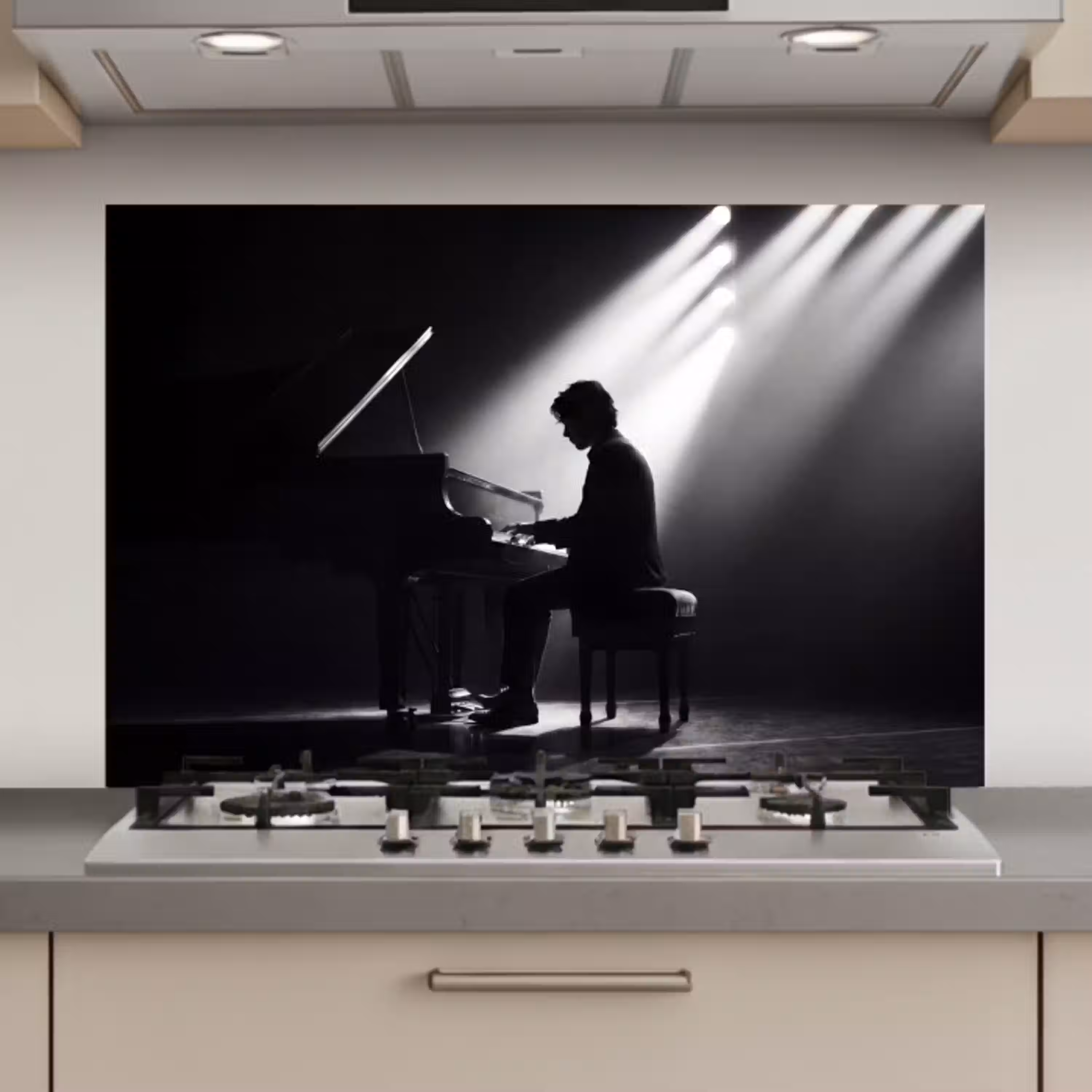 Persoon - Piano - Muziek - Zwart-wit - Podium keuken achterwand spatscherm klein -3d_website