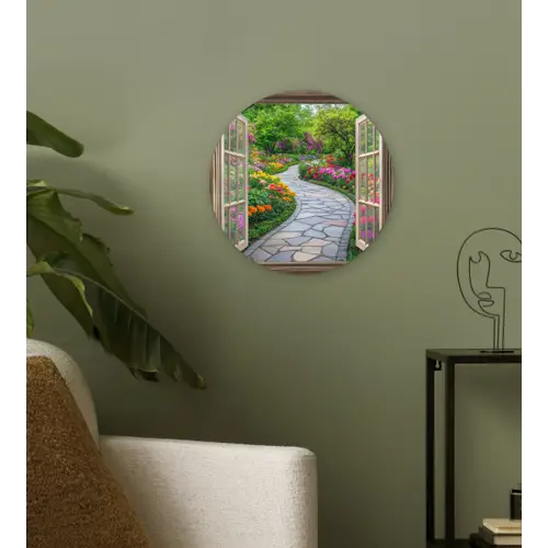Doorkijk - Bloemen - Tuinpad - Natuur - Raam Wandcirkel plexiglas klein -sfeer3