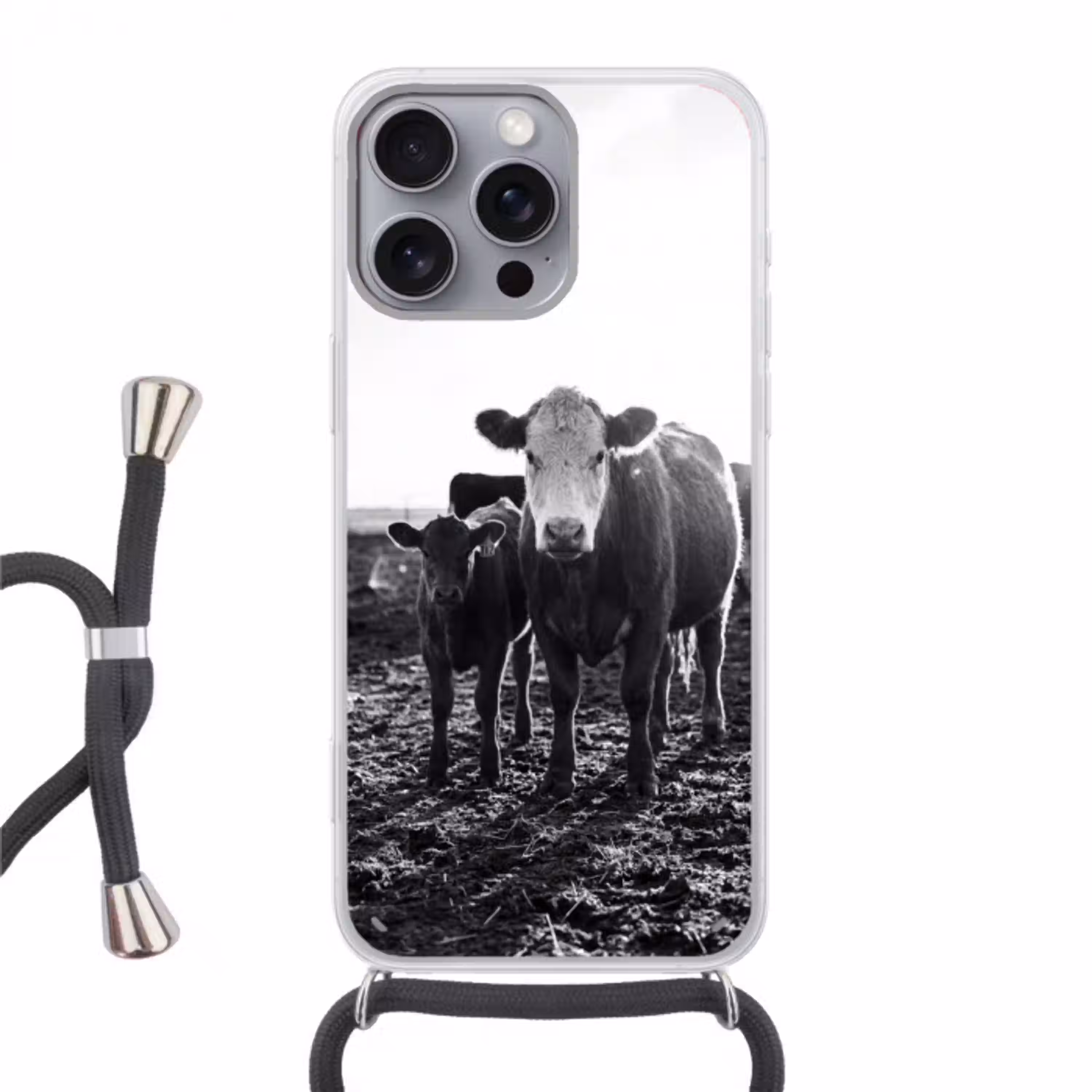 Koeien - Zwart - Wit Hoesje iPhone 16 Pro Max met koord klein -3d