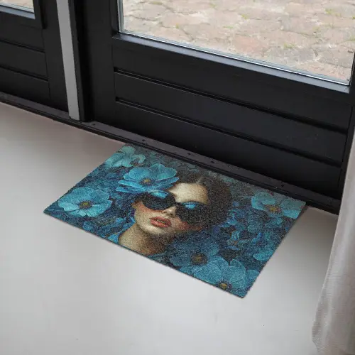 Vrouw - Bloemen - Blauw - Aesthetic - Luxe Deurmat klein -sfeer2