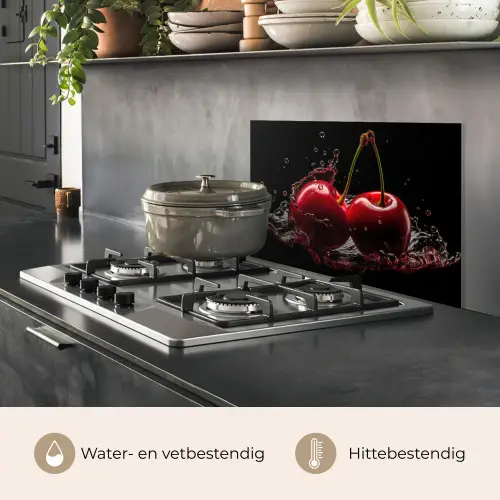 Kersen - Rood - Fruit - Water - Zwart keuken achterwand spatscherm klein -usp_NL