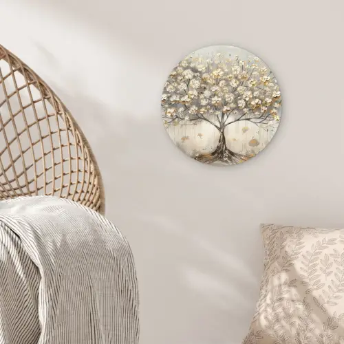 Boom - Beige - Goud - Verflook - Grijs Wandcirkel kunststof plaat 5mm dik klein -sfeer5