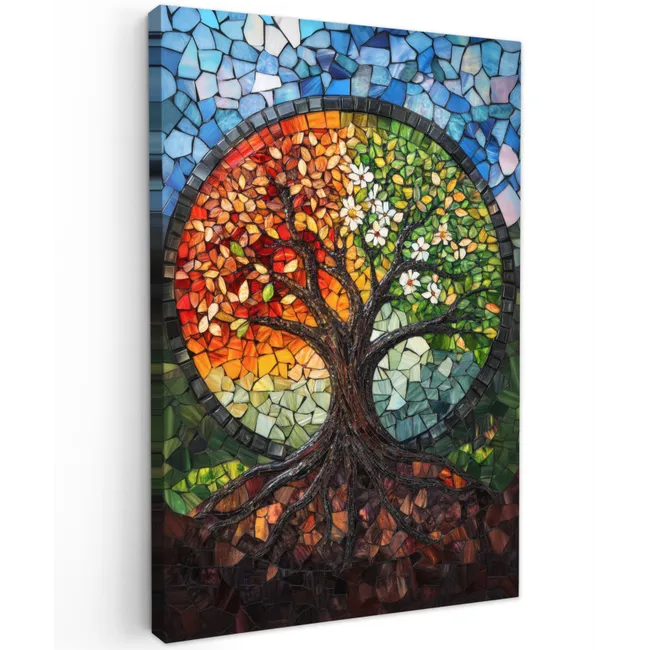 Boom - Seizoenen - Mozaïek - Bergen Tuinposter op houten frame 2 cm dik klein -3d