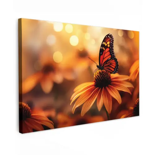 Vlinder - Bloemen - Oranje Tuinposter op houten frame 2 cm dik klein -3d