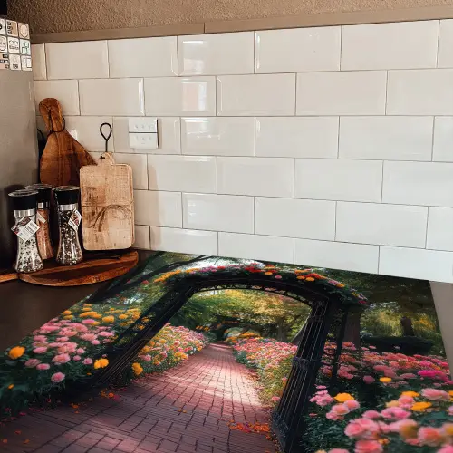 Doorkijk - Bloemen - Pad - Natuur - Kleurrijk Inductie beschermer vinyl 3mm middel -sfeer3