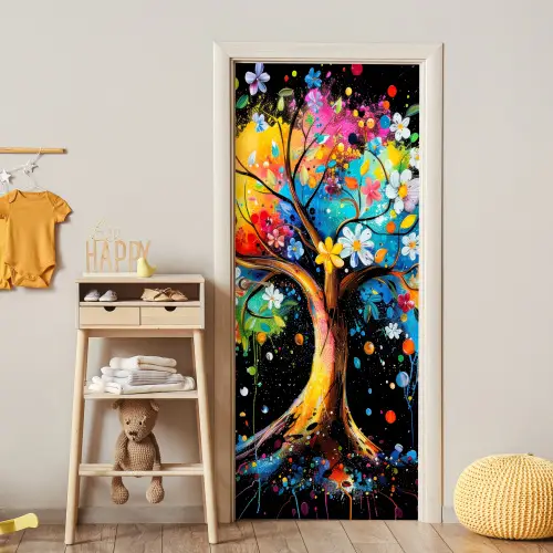 Boom - Kleurrijk - Bloemen - Zwart deurposter klein -sfeer4