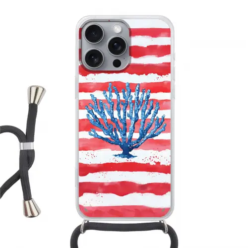 Koraal - Verfstructuur - Rood - Blauw Hoesje iPhone 16 Pro Max met koord klein -3d