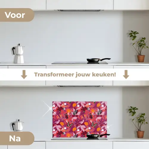Zomer - Vlinder - Donker - Roze keuken achterwand spatscherm klein 900 -voor_na_NL