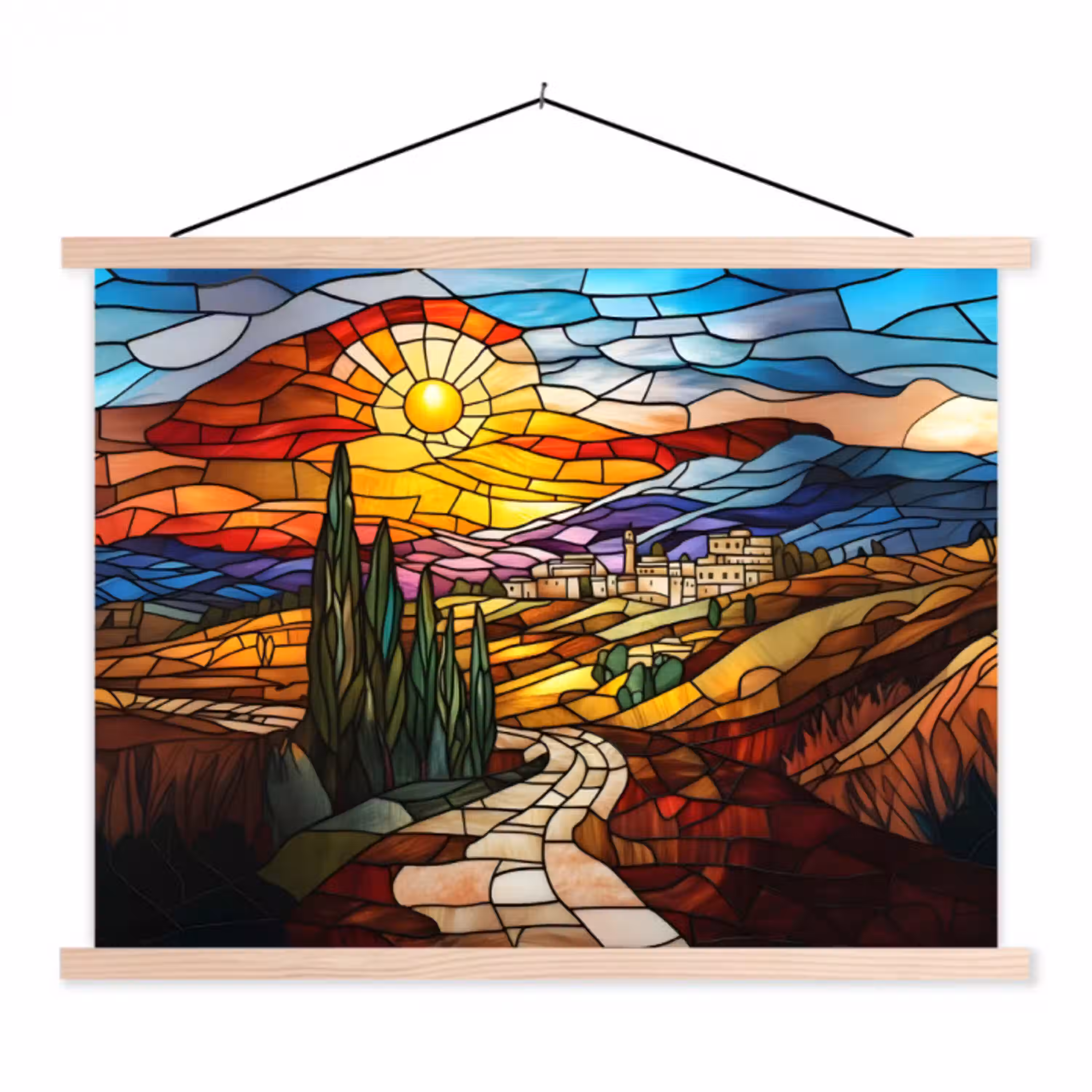 Mozaïek - Zon - Landschap - Dorp textielposter latten blank klein -3d