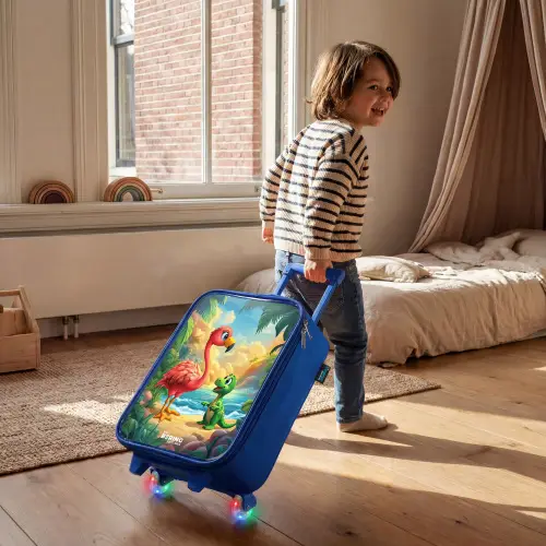Flamingo en dinosaurus op strand bij ondergaande zon Kinderkoffer - Blauw klein -sfeer1