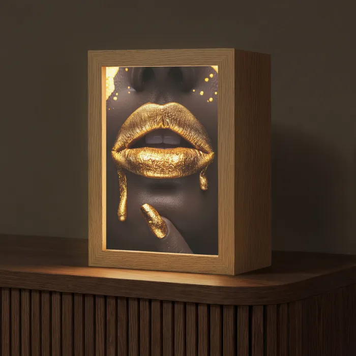 Gouden lippen - Gezicht - Vrouw - Modern Light Box met kabel (Tafellamp) klein -z3d_website