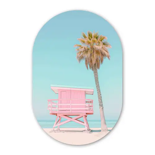 Palmboom - Strandhuis - Roze Wandcirkel Ovaal Forex klein -3d