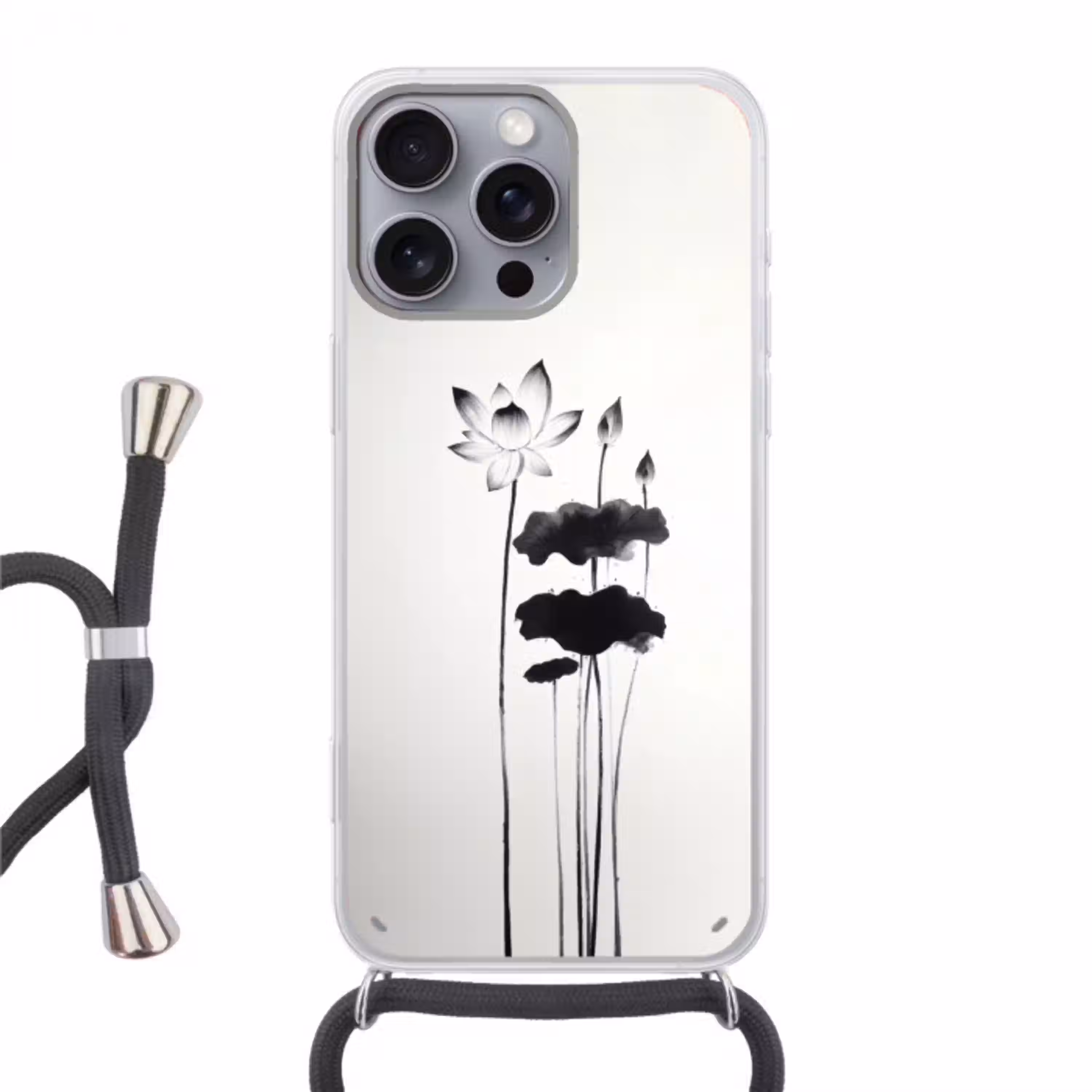 Bladeren - Zwart - Lotusbloem - Minimalitisch Hoesje iPhone 16 Pro Max met koord klein -3d