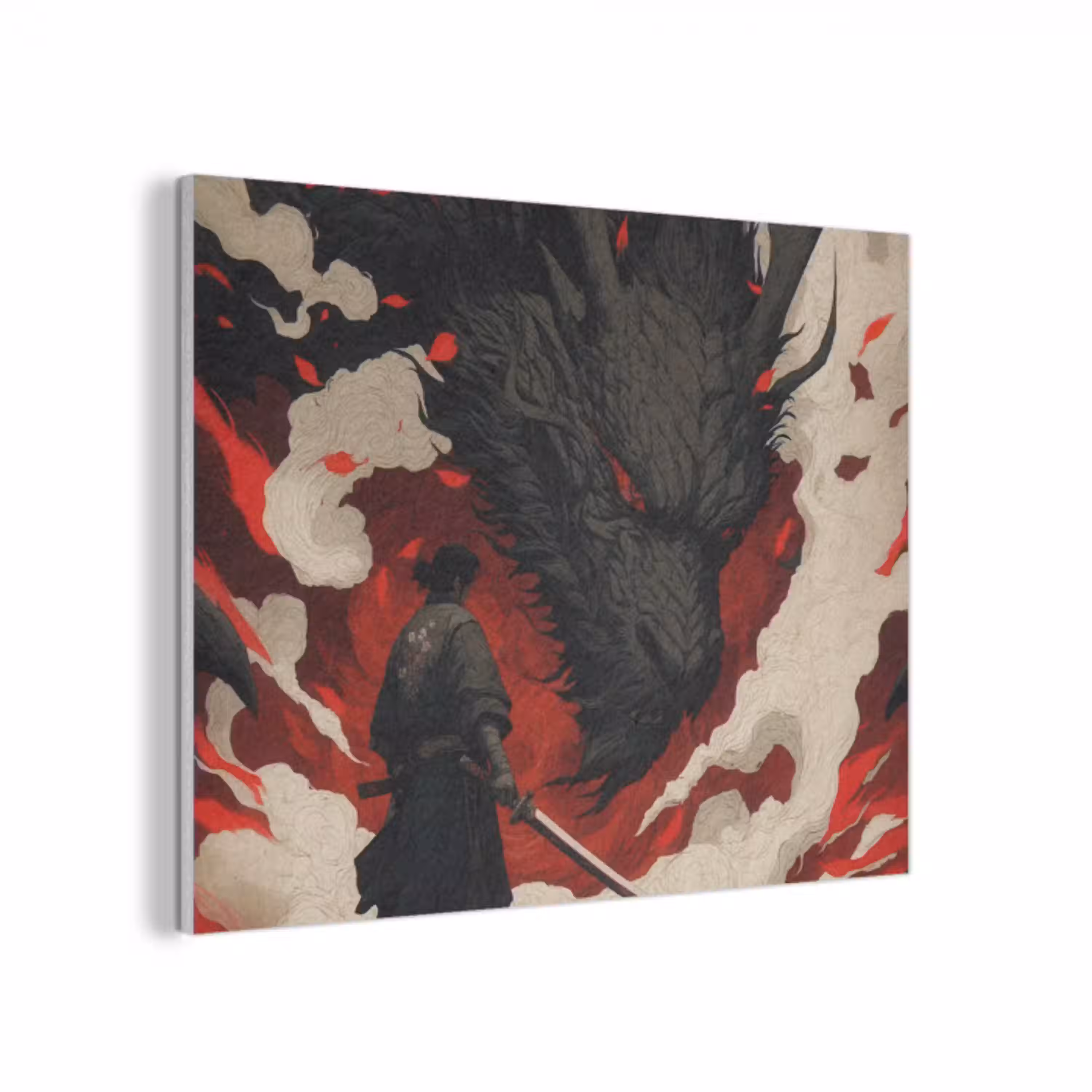 Krijger - Draak - Zwart - Rood - Rook PET vilt klein -3d